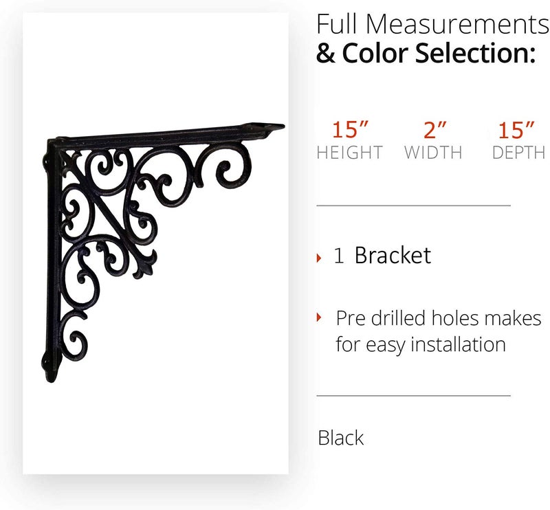 NACH Decorative Shelf Brackets, 1 Pack of 15 x 2 x 15 inch, Black Cast Iron Wall Shelf Brackets - Decorative Bookshelf Brackets - Victorian Style Shelf Bracket - Image 3